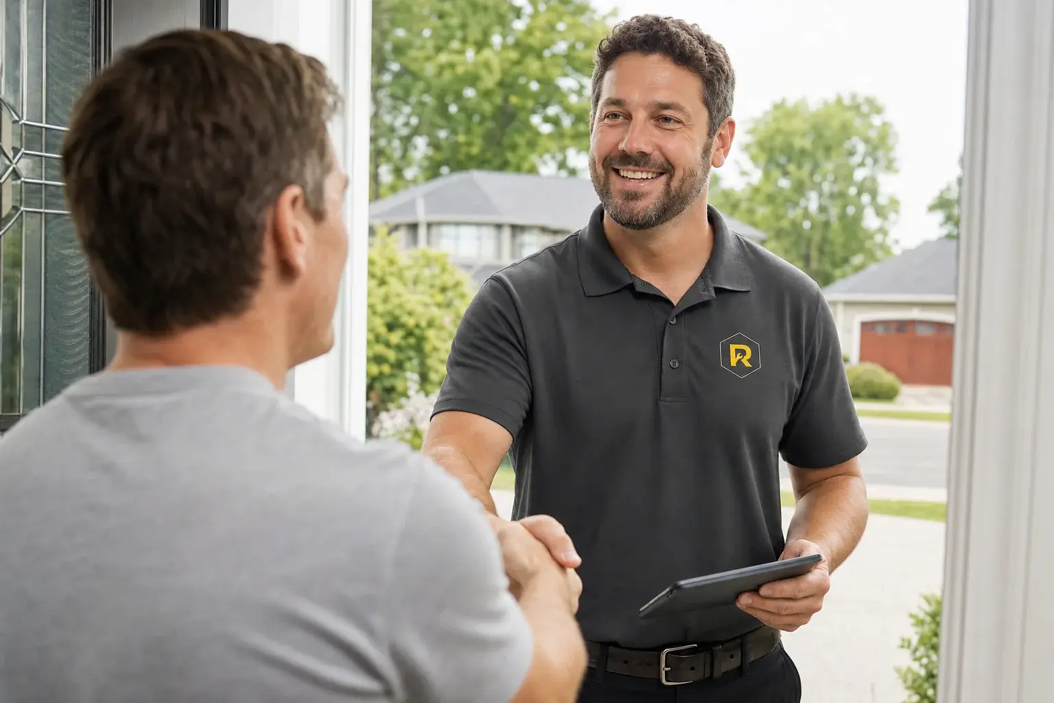 Smiling Riko technician shaking hands with a happy customer at their front door