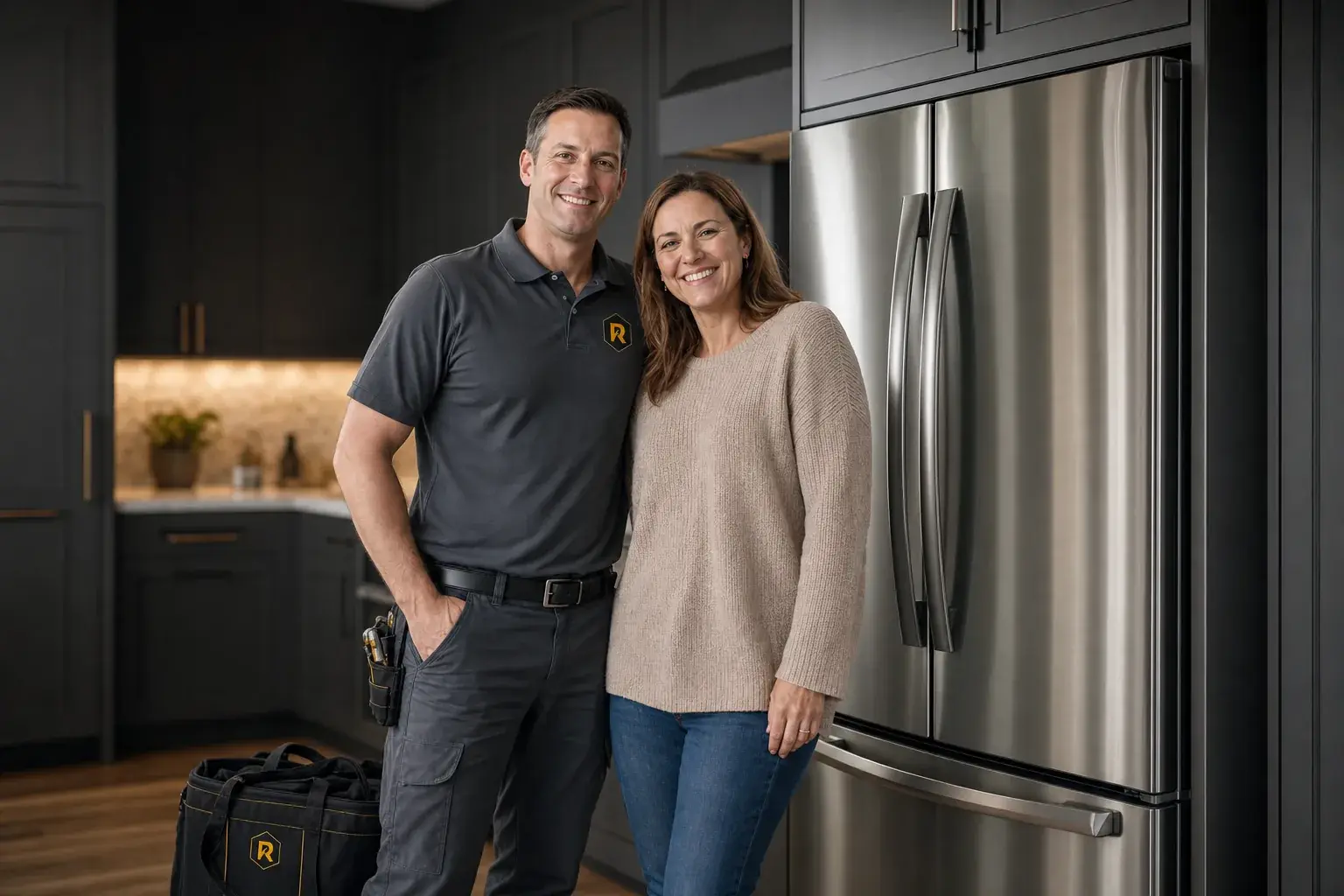 Smiling Riko technician with the Riko logo on his polo beside a happy customer and a freshly repaired refrigerator in a bright modern kitchen