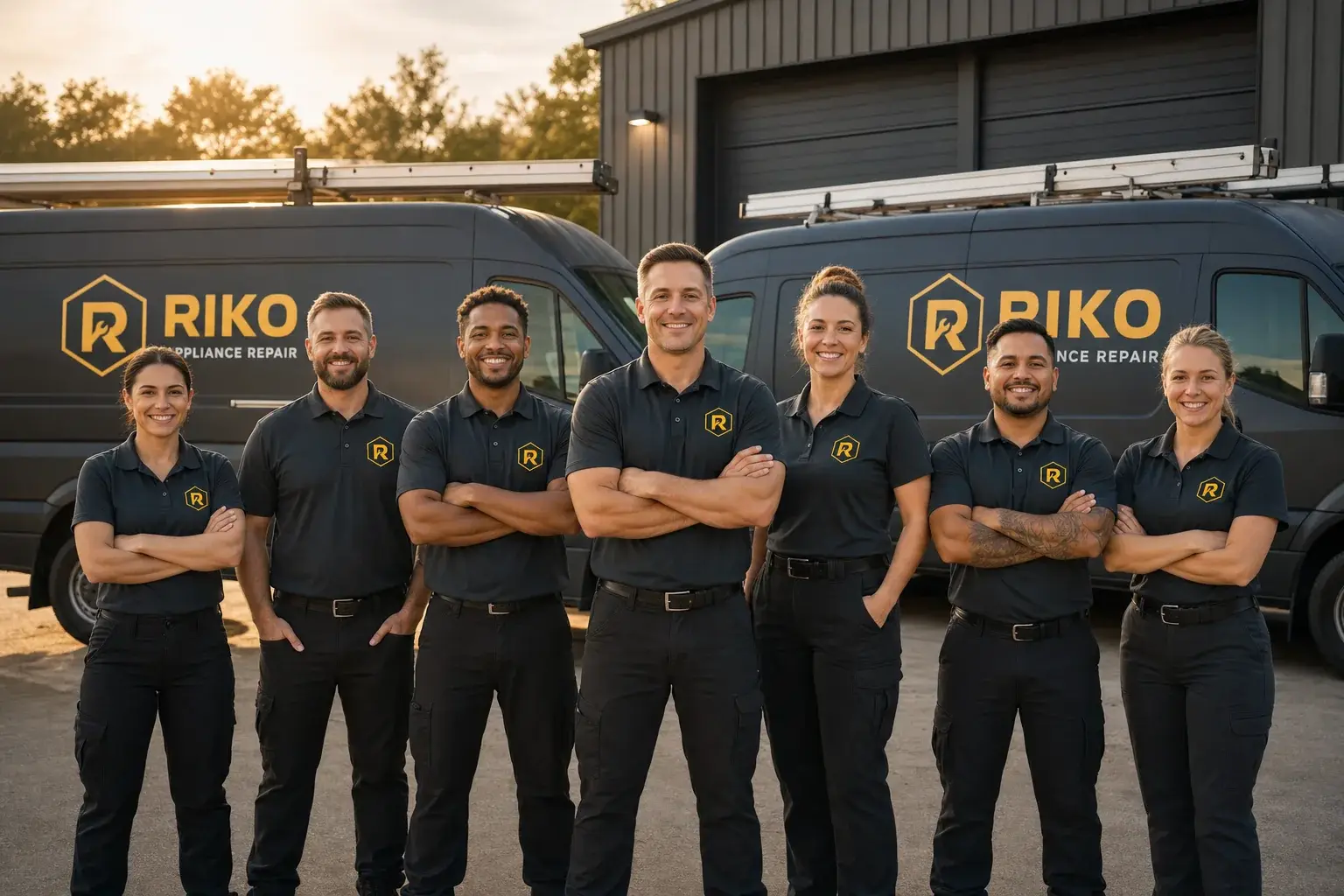 The Riko Appliance Repair team of certified technicians with their branded service vans