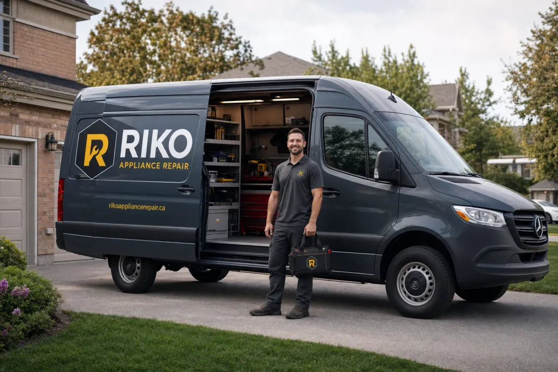 Riko Appliance Repair service van in a suburban driveway