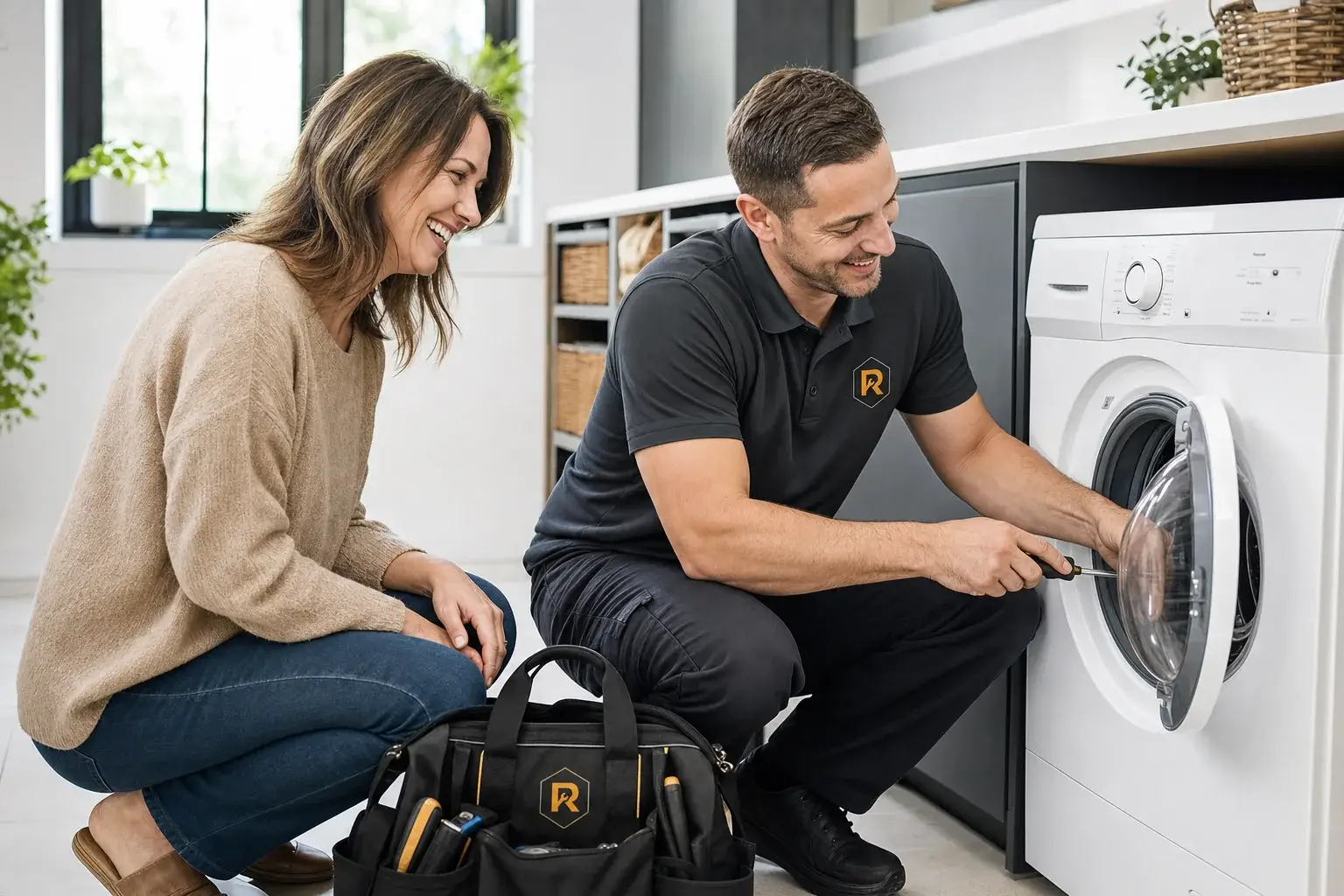 Smiling Riko technician repairing a washing machine while a happy homeowner customer looks on